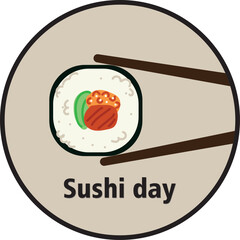 Sushi roll in chopstick vector illustration for Logo or decoration in menu. Japanese restaurant or sushi bar.