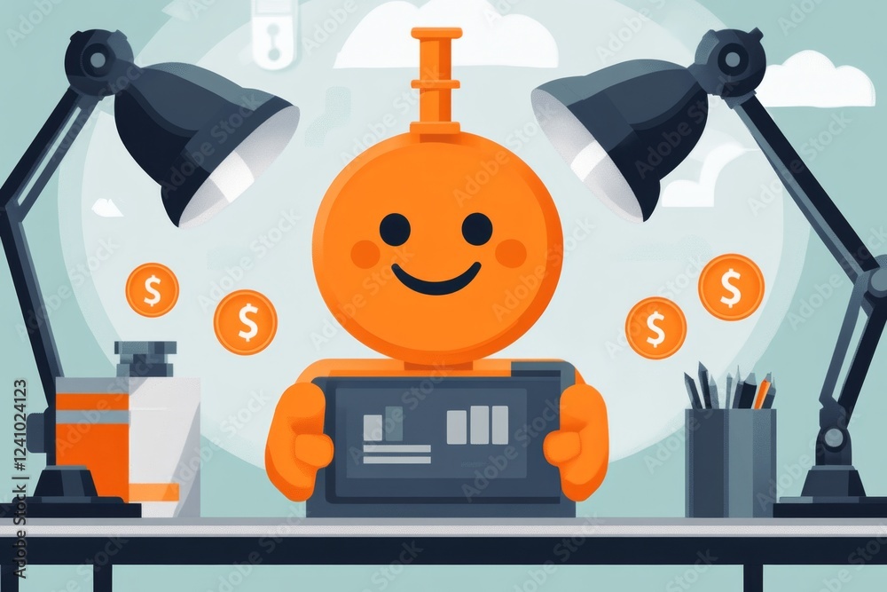 Poster a pixel art character managing their student funds in a retro-style banking app, with animated coins