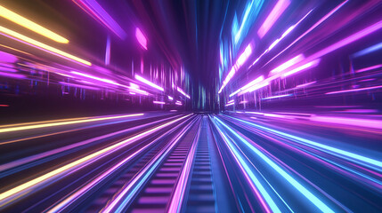 Sleek High-Speed Train Visual Neon Motion on Metal Tracks - Futuristic Rail Systems and Urban Transport Solutions for Modern Infrastructure Efficiency