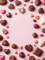 Fototapeta premium A Symphony of Hearts: A Delightful Collection of Exquisite Chocolate Hearts, Beautifully Displayed on a Pastel Pink Surface, Creating a Scene of Pure Romance and Sweet Indulgence