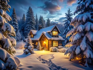 Cozy Winter Night House: Illuminated Home in Snowy Landscape