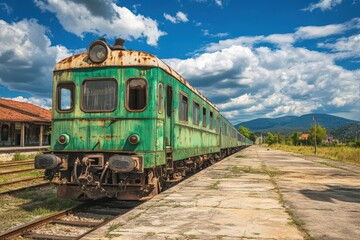 Fototapeta premium an aged green train sitting at a vintage station, surrounded by nostalgic elements and a vibrant blue sky, evoking memories of travel and adventure