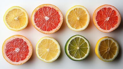 Fototapeta premium Colorful Citrus Fruit Slices in Bright Arrangement on White Surface