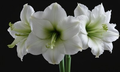White Amaryllis on a Black Background, Blooming , white flowers, amaryllis, blooms