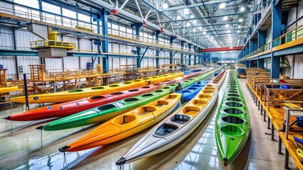 Fototapeta premium Efficient kayak assembly lines build durable rowing kayaks, showcasing industrial-scale watercraft production and factory expertise.
