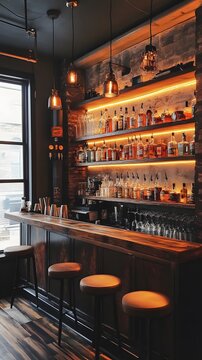 A home bar area with dark wood shelving, illuminated glass bottles, and modern bar stools