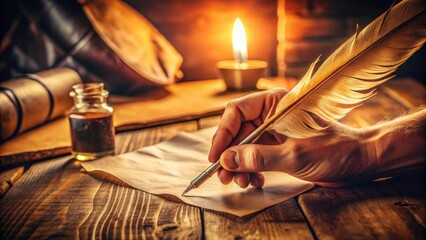 Elegant vintage aesthetic: a detailed high-resolution image of a feather quill pen writing, embodying classic handwritten letter authenticity.