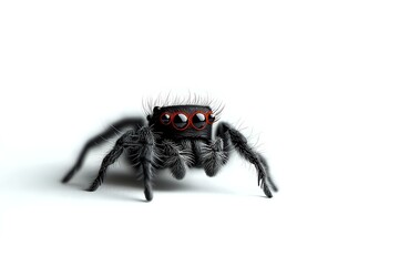 Fototapeta premium Hairy jumping spider with red eyes on white background, macro photography closeup view showing detailed texture of arachnid body and legs, isolated specimen.