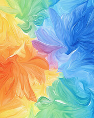 Vibrant abstract swirls of orange, yellow, green, and blue colors create lively composition