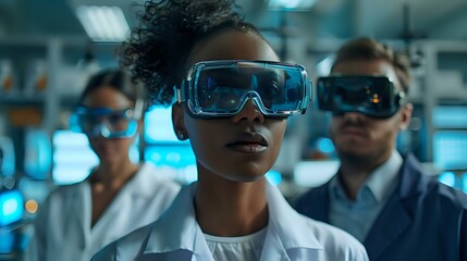 Young African American female scientist wearing protective goggles in modern research laboratory with diverse team of researchers working on innovative project.