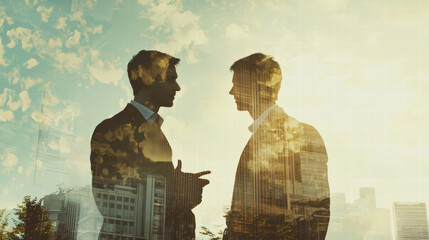 Double exposure of corporate professionals discussing cityscape, showcasing collaboration and innovation. image captures blend of urban life and business interaction, evoking sense of teamwork and