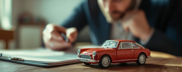 Toy Car In Front Of Businessman Calculating Loan, 