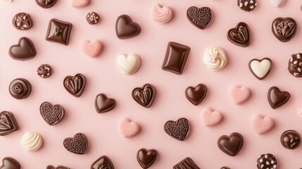 Fototapeta premium A Symphony of Hearts: A Delightful Collection of Exquisite Chocolate Hearts, Beautifully Displayed on a Pastel Pink Surface, Creating a Scene of Pure Romance and Sweet Indulgence