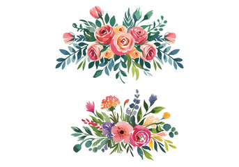 A watercolor-inspired vector illustration of a ceremony flower arrangement. The arrangement consists of red roses, white roses, eucalyptus, and hypericum berries. The flowers