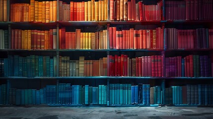 Rows of vintage books arranged on wooden shelves creating rainbow gradient effect from warm orange and red tones to cool blue hues in moody lighting.