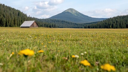Mountain meadow barn summer landscape