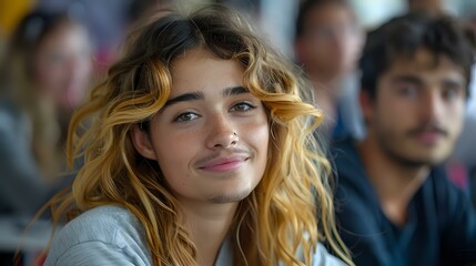 Fototapeta premium Young Caucasian woman with wavy blonde hair smiling warmly at camera while sitting in audience or classroom, natural lighting highlights genuine expression.