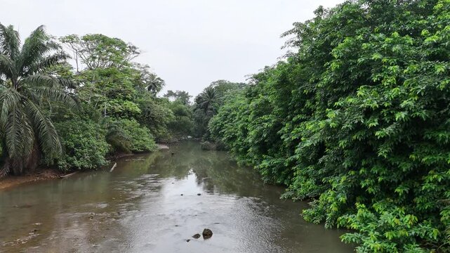 Sao Tome and Principe - River and Tropical Forest With Pico Cao Grande. Scenic Jungle Landscape Reflected in Calm Water.