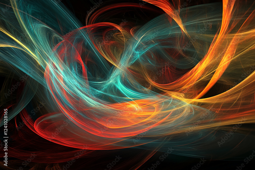 Poster a vibrant abstract image featuring colorful swirls of red, blue, yellow, and orange, creating an ene