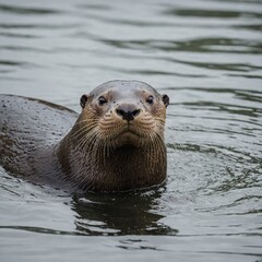 A giant river otter floating on its back, pure white background.