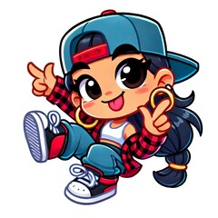 Naklejka premium Cartoon fashion girl Hip-hopper, sweatshirt, sneakers, cap, tracksuit and chains. The spirit of freedom, determination and energy. AI generated.