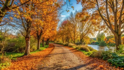 Fototapeta premium Serpentine path through Walthamstow Wetlands on a sunny day with copper-colored leaves and trees along the way, autumn foliage, copper mill trail