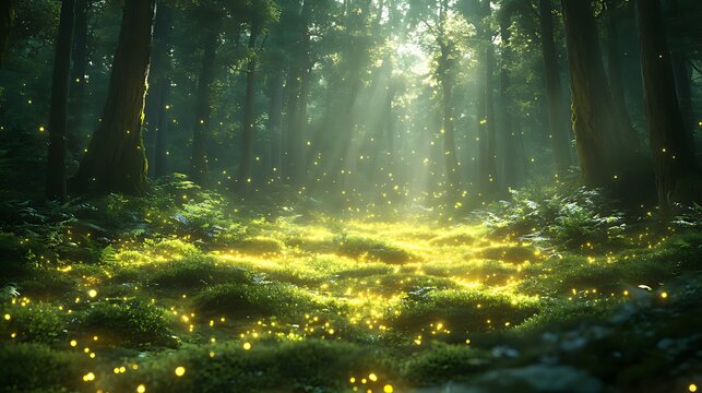 Enchanting forest fireflies glowing at dawn, nature background