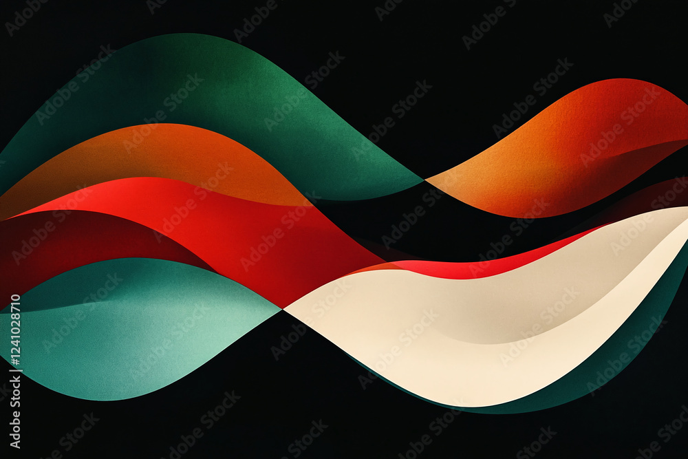 Poster an abstract design featuring smooth flowing waves in red, green, orange, and cream colors, set again