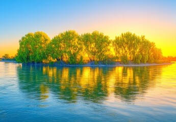 Fototapeta premium Sunrise over a tranquil river with a line of lush green trees on a small island, reflections of the golden light on the water's surface creating a