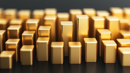 A close-up view of shimmering gold bars arranged in various heights, creating a visually striking pattern on a dark background.