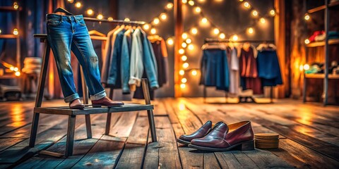 Cute Nighttime Jeans & Shoes Still Life: Rustic Wooden Floor, Fashion Photography