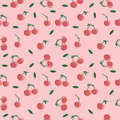 Seamless pattern of cherry motif with leaves and stems on pink background vector. Suitable for printing on wrapping paper and fabric.