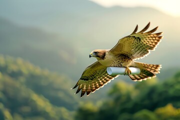 A majestic hawk glides effortlessly through a mountainous landscape, showcasing its stunning feathers and keen eyes.