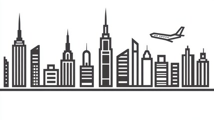 Naklejka premium Simple black and white line art cityscape, featuring various skyscrapers and an airplane in the sky. A minimalist design style with clean lines and