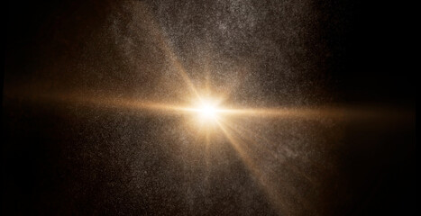 Golden light rays shining through cosmic dust and particles, creating a beautiful and ethereal effect