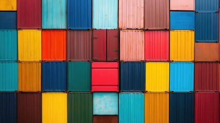 Aerial perspective of a colorful freight yard featuring an organized geometric arrangement of shipping containers showcasing the intricate logistics and trade within the transportation industry