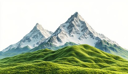 Two snow capped mountains, vibrant green foothills, and a bright white background
