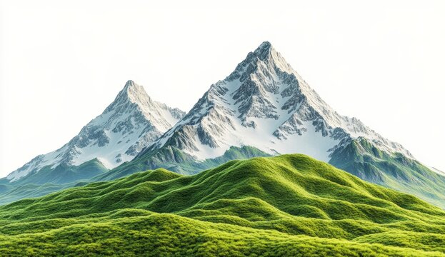 Two snow capped mountains, vibrant green foothills, and a bright white background
