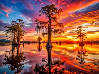 Cypress Trees Swamp Sunset - Atmospheric Nature Photography