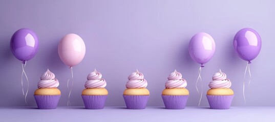 Six Cartoon Style Cupcakes With Pink Icing and Purple Lavender Balloons on Lavender Background