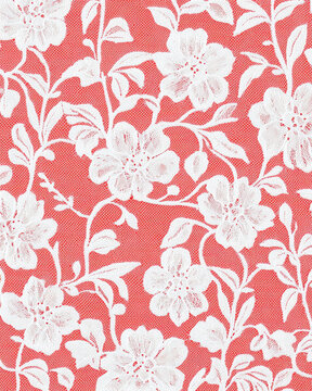 Delicate floral lace pattern on coral background, perfect for romantic designs