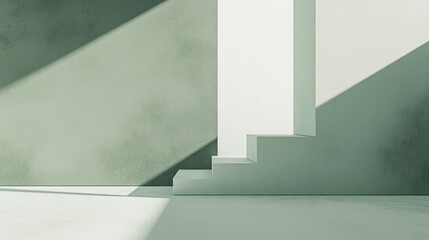 Minimalist architectural scene with muted green walls and soft shadows, geometric staircases and a calm serene atmosphere