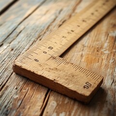 Wooden carpenter square resting on rustic wooden surface with detailed markings for precise measurement