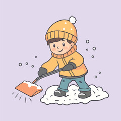 Determined Young Boy Shoveling Snow with Effort vector illustration 