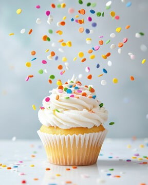 Delightful cupcake topped with frosting and colorful sprinkles falling down