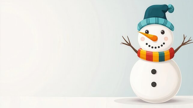 a jolly snowman vector, winter element, cartoon style, white with colorful scarf, isolated on white background