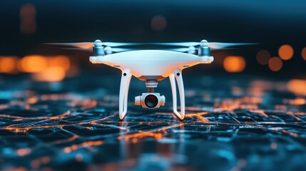 Futuristic delivery drone soaring through a night sky its route and tracking information displayed on a holographic map interface  Concept of advanced transportation and logistics technologies