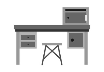 Mesa de laboratorio con banco y nevera