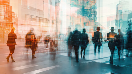 Obraz premium image captures dynamic urban scene with blurred figures walking through cityscape, showcasing blend of modern architecture and movement