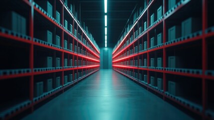 Futuristic high tech warehouse interior with robotic arms and shelves representing an advanced automated inventory management system for efficient distribution and logistics